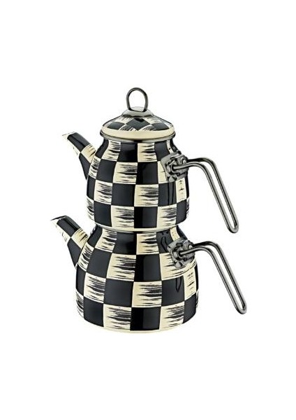 Siyah-Beyaz Damalı Emaye Çaydanlık Siyah Kulplu