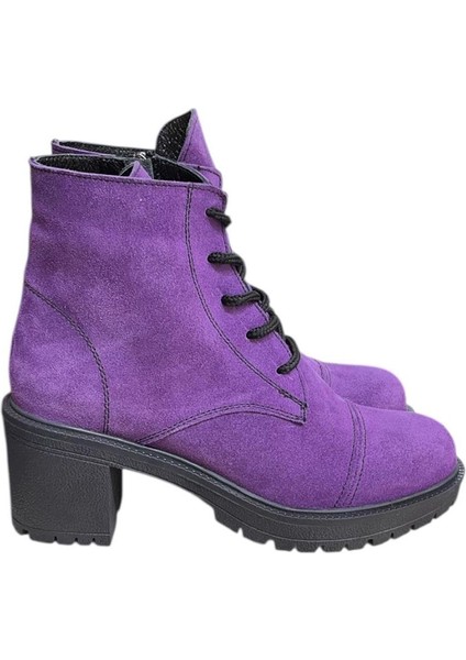 Mor Hakiki Süet Bağcık Detay Yandan Fermuarlı Kalın Topuk Bot