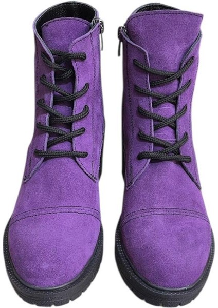 Mor Hakiki Süet Bağcık Detay Yandan Fermuarlı Kalın Topuk Bot fiyatları