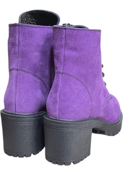 Mor Hakiki Süet Bağcık Detay Yandan Fermuarlı Kalın Topuk Bot modelleri