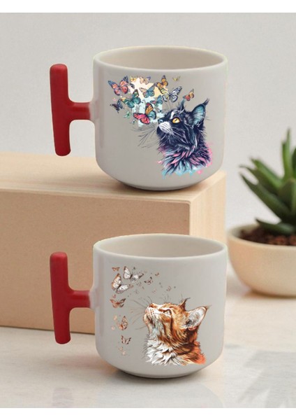 Kelebek ve Kedi 2'li Latte Bardağı - Hediye Paketleri Ürünü, Anneler Için Doğum Günü Hediyesi