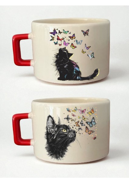 Kedi Kelebekli 2'li Fincan - Arkadaşa Yılbaşı Hediyesi, Avukata Hediye, Annelere Alınacak Hediyeler