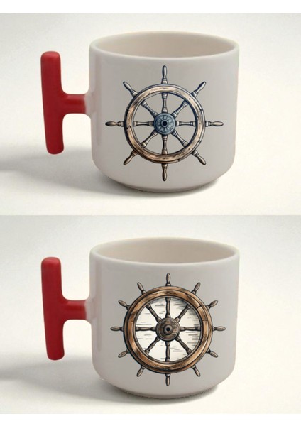 Gemi Dümenili Baskılı 2'li Latte Bardağı - Yılbaşı Hediyeleri Kadın, Bebek Doğum Hediyelikleri