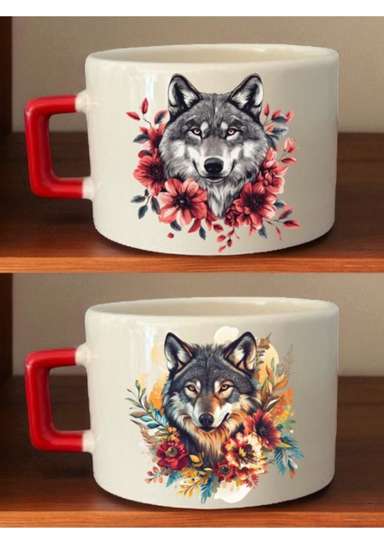 Çiçek ve Kurt Baskılı Kahve Fincan - Kız Çocuk Hediye, Kız Çocuklarına Hediye, Anneanne Hediyesi