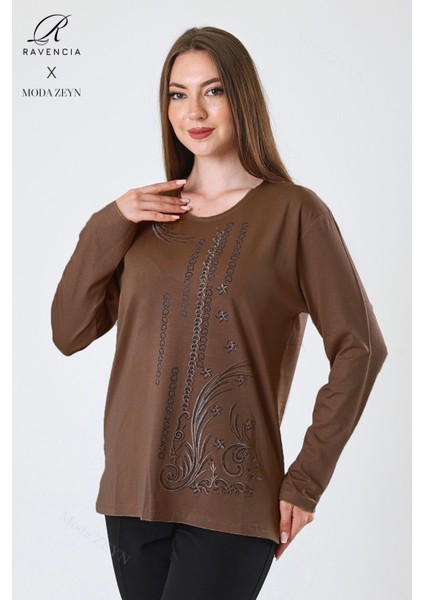 Kadın Orta Yaş ve Üzeri Viskon Halka Şerit Desen Taşlı Işlemeli Likralı Kahverengi Anne Penye Bluz fırsatları