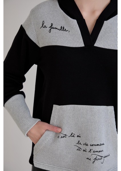 Kanguru Cepli Triko Garnili Kapüşonlu Sweatshirt