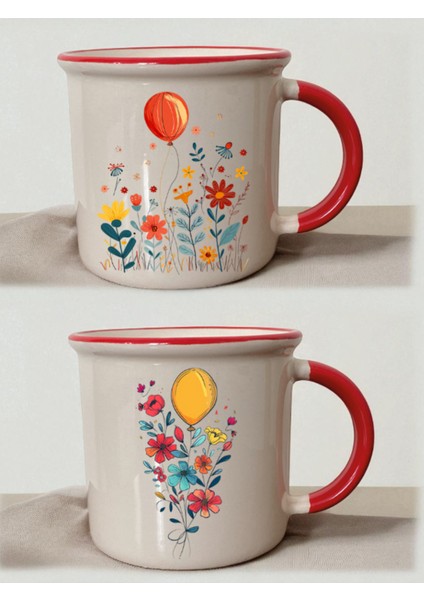 Çiçek Balon Baskılı Ağzı Kırmızı 2'li Kupa - Kocaya Doğum Günü Hediyesi, Sevgiliye Hediye Fikirleri