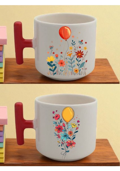 Çiçekli Balon Baskılı 2'li Latte Bardağı - Sevgililer Günü Hediyesi Kadın, Ablaya Doğum Günü Hediye