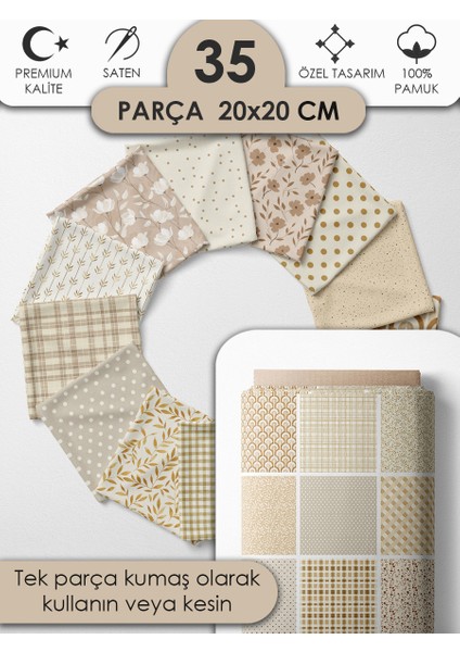 Patchwork Kumaş Seti – 35 Desen 20X20 cm | %100 Pamuk Saten | Tek Parça Kumaş | Dikiş, El Işi ve Quilting Için Özel Tasarım