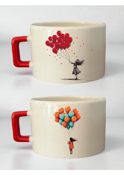 Balon Kadın Baskılı 2'li Kahve Fincanı - Hediye Fikirleri Kadın, Ev Hediyesi Önerileri