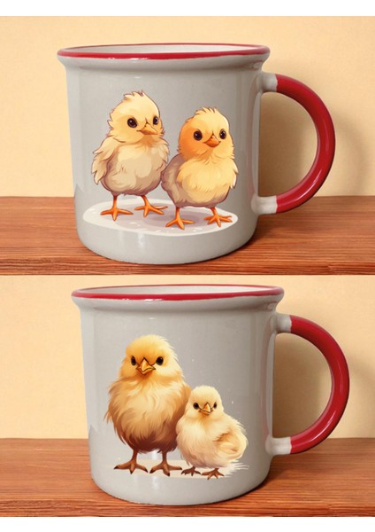 Civciv Baskılı Ağzı Kırmızı 2'li Kupa - Erkeğe Hediye Fikirleri, Öğretmen Hediyeleri