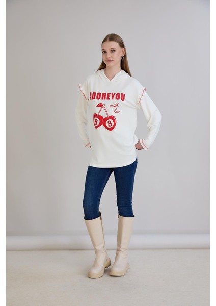 Kiraz Baskılı Kapşonlu Sweatshirt