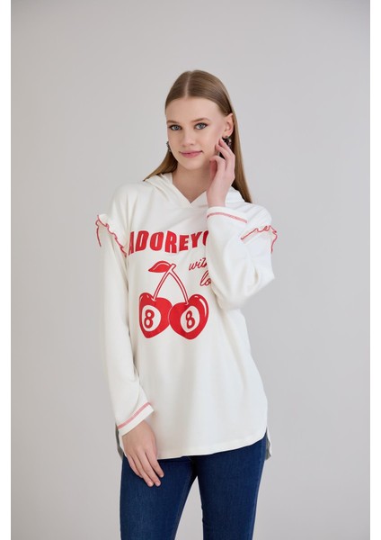 Kiraz Baskılı Kapşonlu Sweatshirt fiyatları