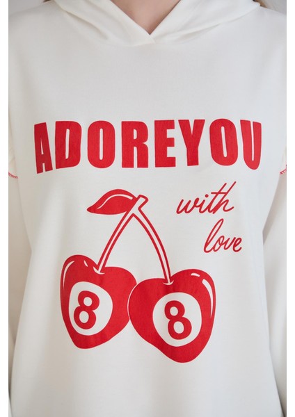 Kiraz Baskılı Kapşonlu Sweatshirt