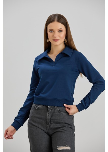 Kadın Gömlek Yakalı İki İplik Basic Crop Sweatshirt