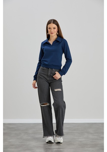 Kadın Gömlek Yakalı İki İplik Basic Crop Sweatshirt fiyatları