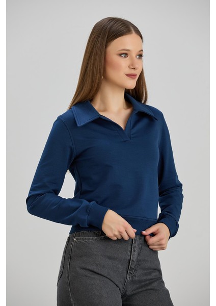 Kadın Gömlek Yakalı İki İplik Basic Crop Sweatshirt modelleri