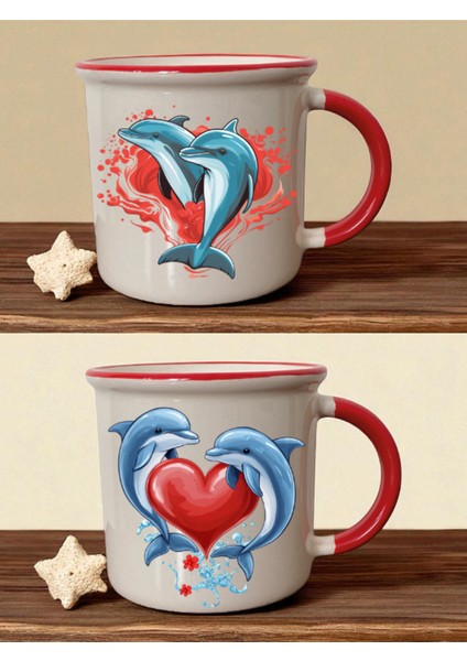 Kalp Yunus 2'li Ağzı Kırmızı Bardak - Sevgiliye Hediye Erkek, Sevgiliye Anlamlı Hediye