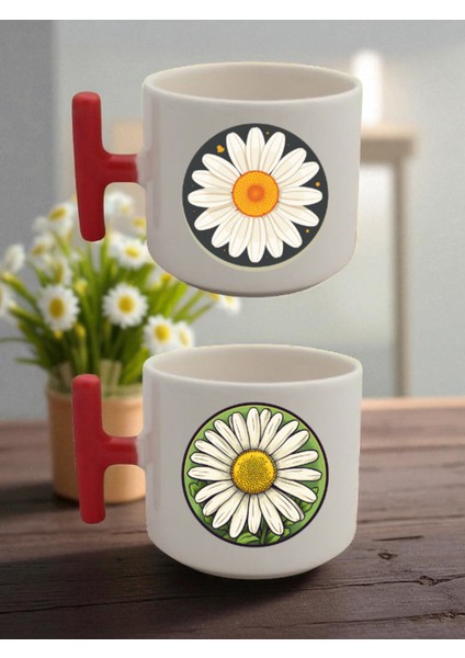 Papatyalı Baskılı 2'li Latte Bardağı - Eşime Doğum Günü Hediyesi, Sevgililer Gunu Hediyesi