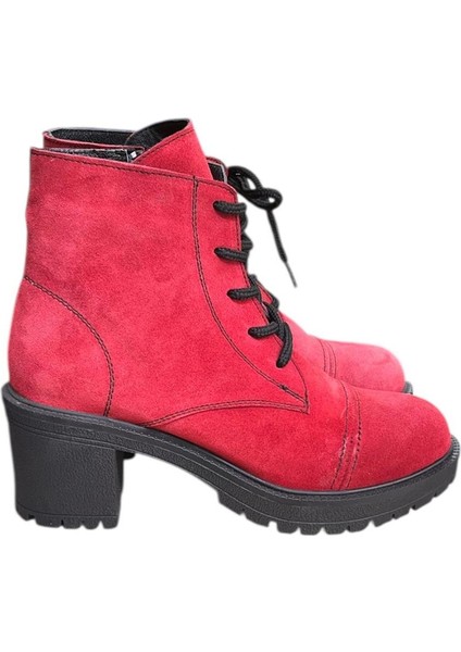 Kırmızı Hakiki Süet Bağcık Detay Yandan Fermuarlı Kalın Topuk Bot