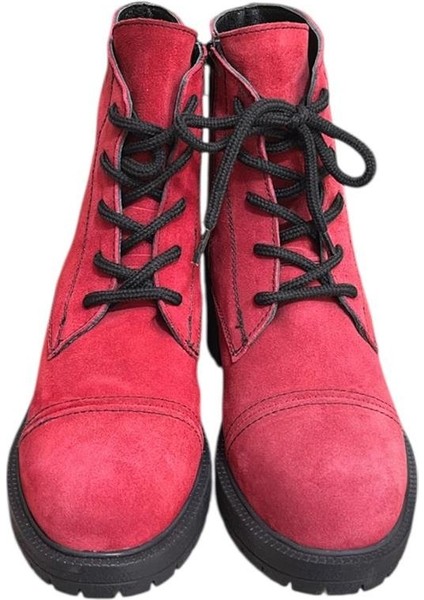 Kırmızı Hakiki Süet Bağcık Detay Yandan Fermuarlı Kalın Topuk Bot fiyatları