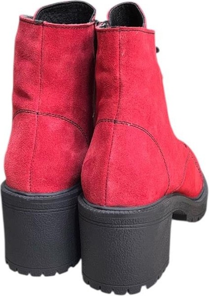 Kırmızı Hakiki Süet Bağcık Detay Yandan Fermuarlı Kalın Topuk Bot modelleri