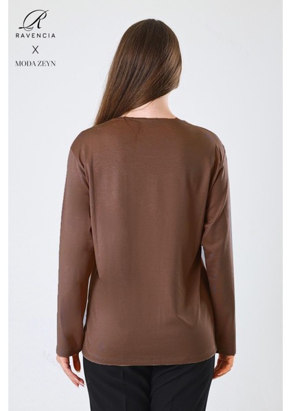 Kadın Orta Yaş ve Üzeri Viskon Halka Şerit Desen Taşlı Işlemeli Likralı Kahverengi Anne Penye Bluz