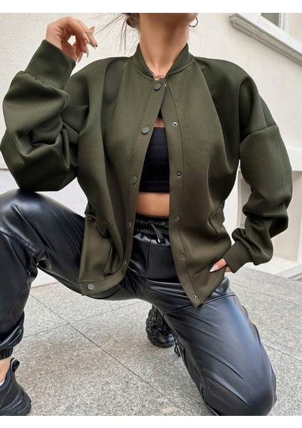Kadın Haki Cep Detaylı ve Çıtçıt Detaylı Scuba Örme Ceket fiyatları