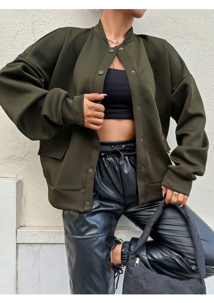 Kadın Haki Cep Detaylı ve Çıtçıt Detaylı Scuba Örme Ceket modelleri