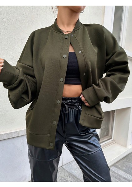 Kadın Haki Cep Detaylı ve Çıtçıt Detaylı Scuba Örme Ceket fırsatları