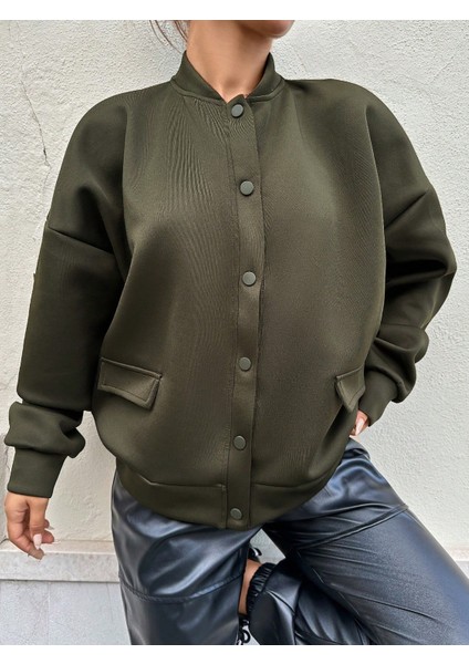 Kadın Haki Cep Detaylı ve Çıtçıt Detaylı Scuba Örme Ceket indirimleri