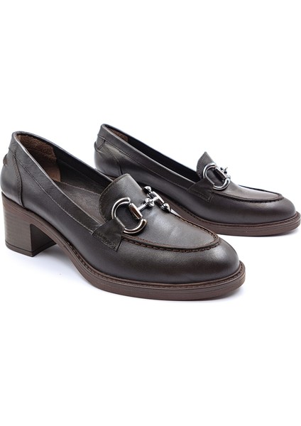 SV350 Hakiki Deri 5 cm Topuklu Kahverengi Kadın Klasik Loafer Ayakkabı