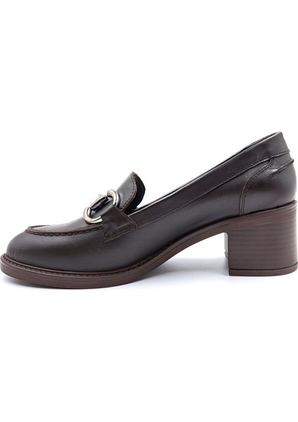 SV350 Hakiki Deri 5 cm Topuklu Kahverengi Kadın Klasik Loafer Ayakkabı modelleri