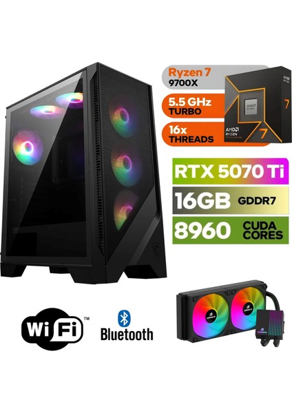 Şafak-Gaming Pc Ddr5-Rtx 5070Tİ 16GB -Ryzen 7 9700X – 32 GB Ddr5 Ram – 1 Tb M.2 SSD 5000 4000 – 240MM Sıvı Sogutma -Windows 11 Pro-