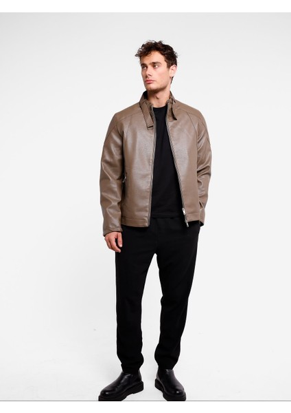 Erkek Düz Fermuarlı Camel (Vizon) Erkek Içi Kürklü Suni Deri Ceket