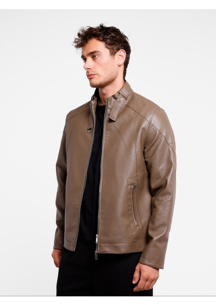 Erkek Düz Fermuarlı Camel (Vizon) Erkek Içi Kürklü Suni Deri Ceket fiyatları