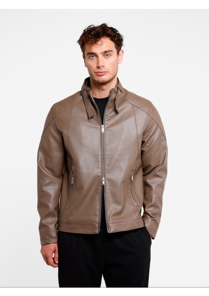 Erkek Düz Fermuarlı Camel (Vizon) Erkek Içi Kürklü Suni Deri Ceket modelleri