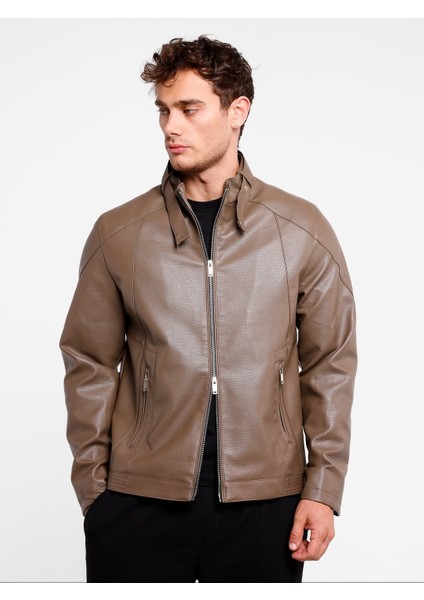 Erkek Düz Fermuarlı Camel (Vizon) Erkek Içi Kürklü Suni Deri Ceket fırsatları