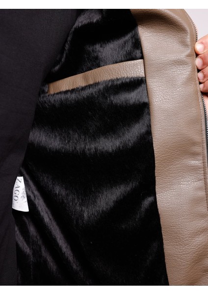 Erkek Düz Fermuarlı Camel (Vizon) Erkek Içi Kürklü Suni Deri Ceket indirimleri