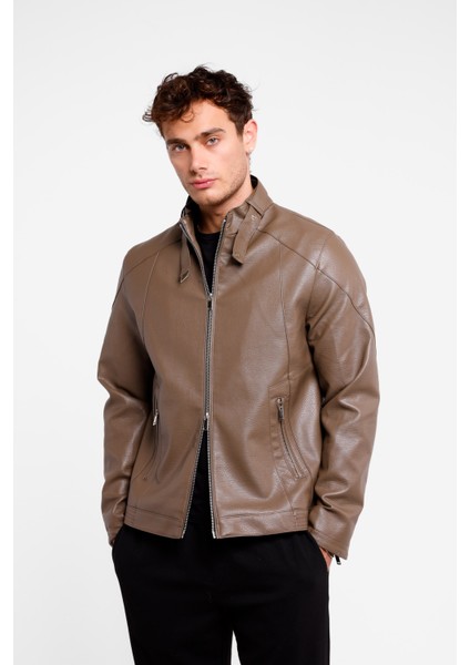 Erkek Düz Fermuarlı Camel (Vizon) Erkek Içi Kürklü Suni Deri Ceket