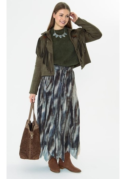 Süet Nakışlı Püsküllü Ceket Haki