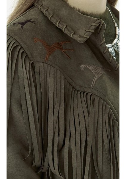 Süet Nakışlı Püsküllü Ceket Haki modelleri