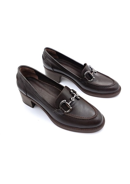SV350 Hakiki Deri 5 cm Topuklu Kahverengi Kadın Klasik Loafer Ayakkabı indirimleri