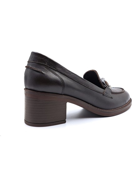 SV350 Hakiki Deri 5 cm Topuklu Kahverengi Kadın Klasik Loafer Ayakkabı