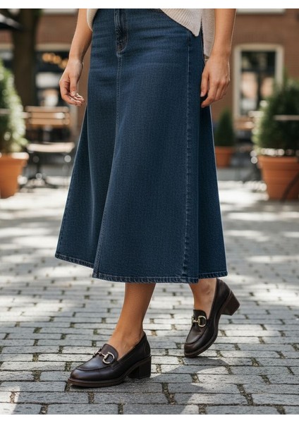 SV350 Hakiki Deri 5 cm Topuklu Kahverengi Kadın Klasik Loafer Ayakkabı