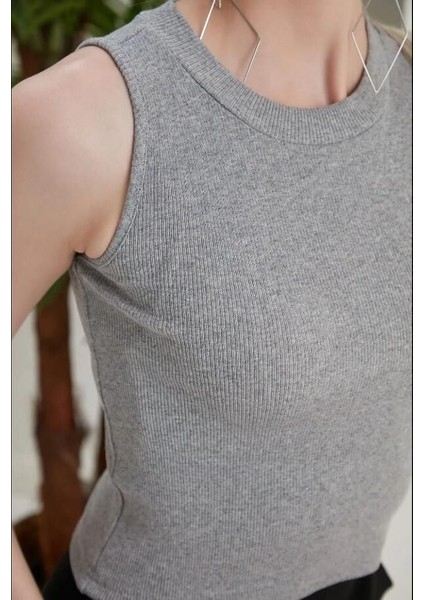 Kadın Halter Yaka Kaşkorse Gri Crop Atlet L