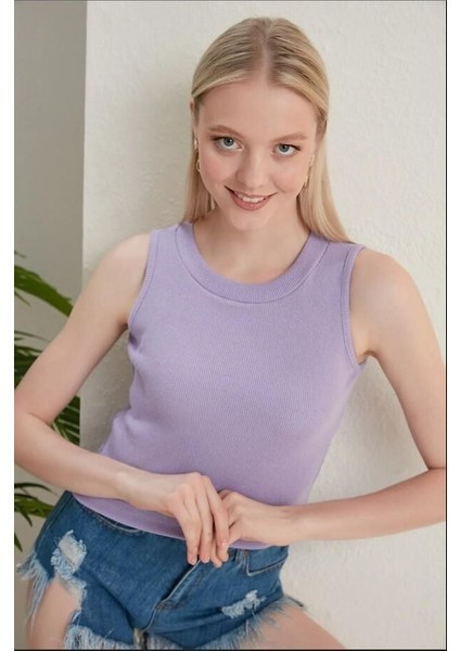 Kadın Halter Yaka Kaşkorse Mor Crop Atlet Xl