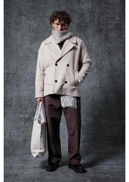 Erkek Oversize Kruvaze Kaban Bej