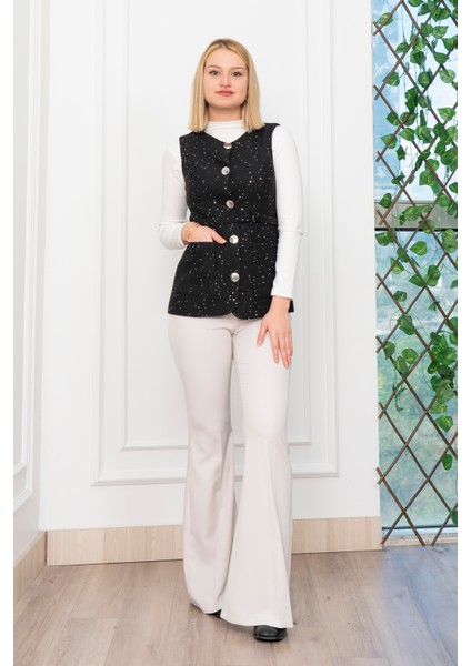 Uzun Buklet Kumaş Kuşak Kemerli Cepli Yelek 9138