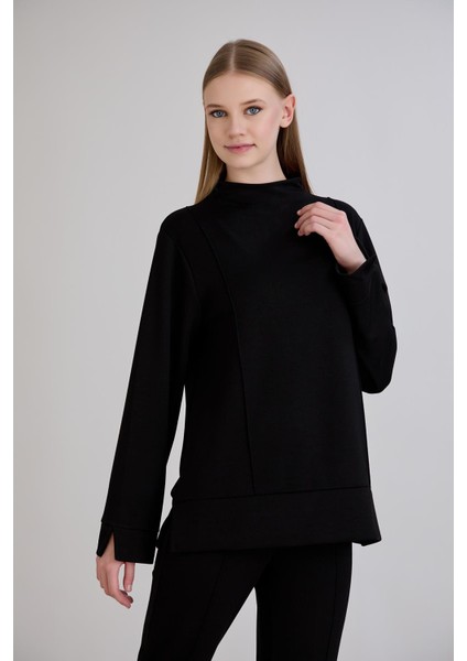 Dikiş Detay Bisiklet Yaka Modal Sweatshirt Siyah